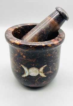 Pearl Inlaid Triple Moon Soapstone mortar & pestle set